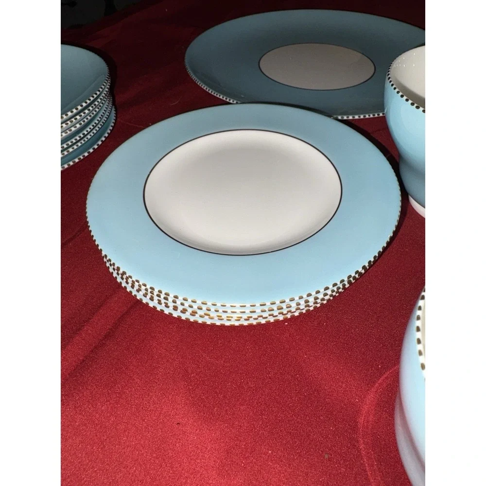 Wedgwood W4143 Sky Blue Gold Beaded Tea Set Fine Bone China England - 20 Pcs